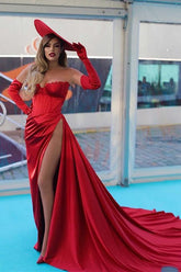 Impresionante vestido de fiesta de noche rojo largo de sirena con hombros descubiertos y abertura